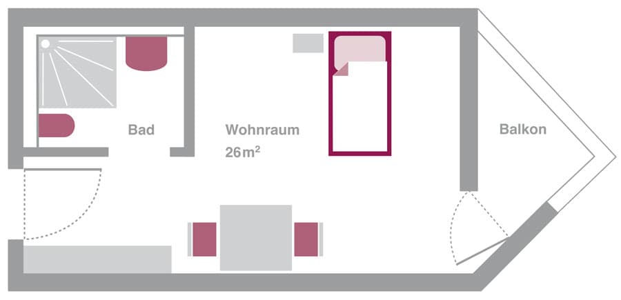 Beispielhafter Grundriss eines Bewohnerzimmers